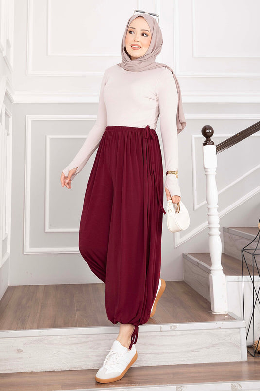 Pantalón Shirwal Ajustable Con Cinturón Y Puños Burdeos