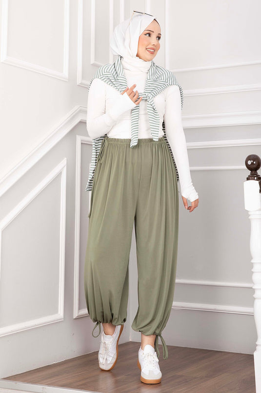 Bel Ve Paça Ayarlanabilir Şalvar Pantolon Yeşil Olive