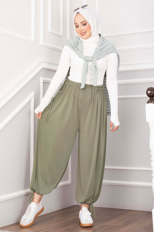 Bel Ve Paça Ayarlanabilir Şalvar Pantolon Yeşil Olive