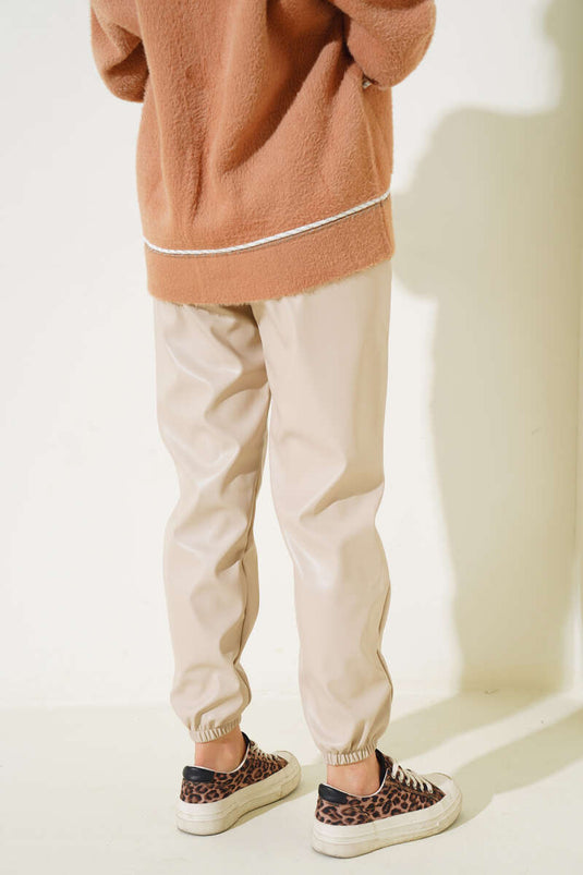 Beige Leather Pants with Elastic Waist and Cuffs