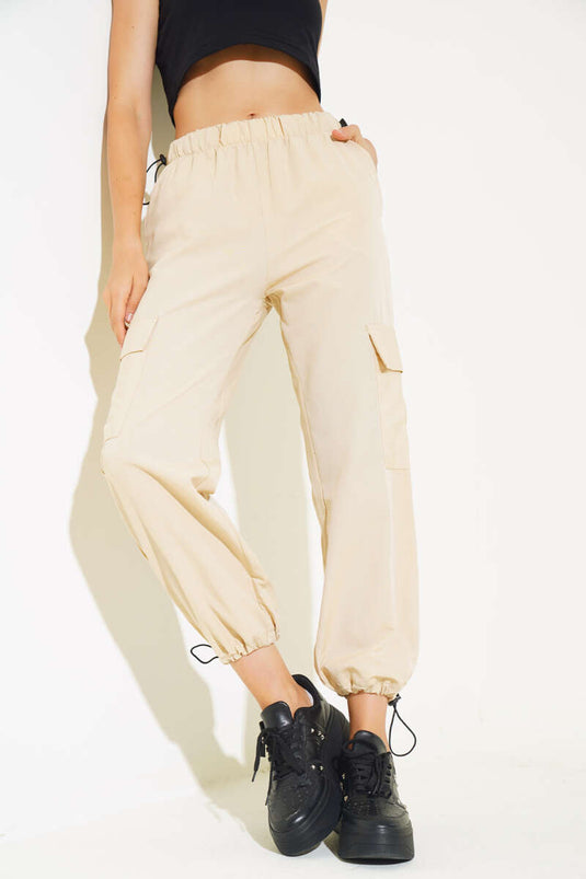 Bel Ve Paça Lastikli Kargo Cep Paraşüt Pantolon Bej