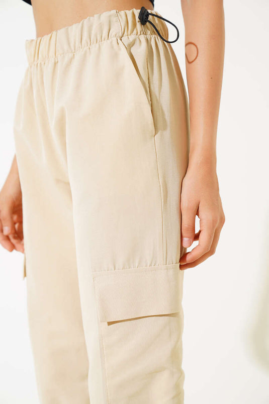 Bel Ve Paça Lastikli Kargo Cep Paraşüt Pantolon Bej