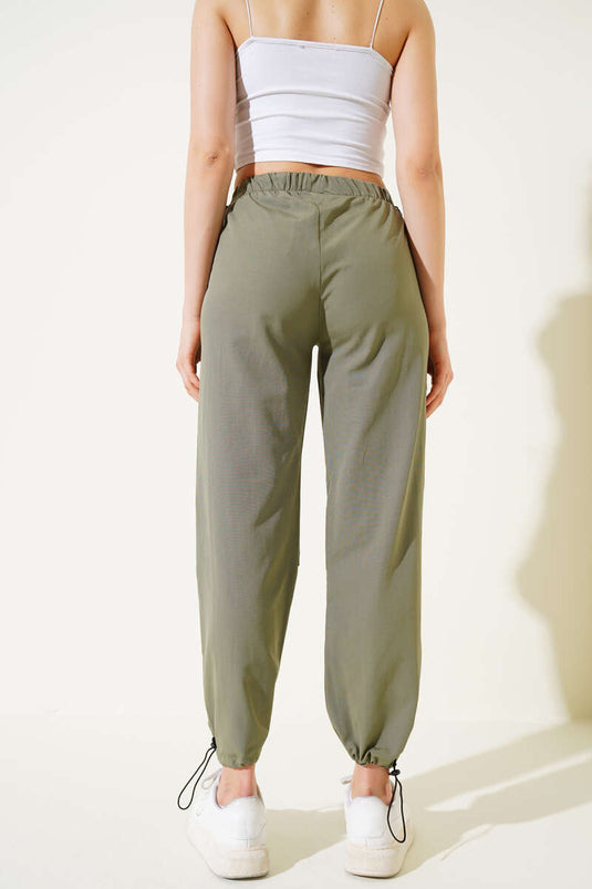 Elastic Waist and Leg Parachute Trousers Khaki