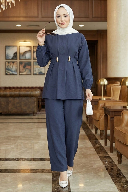 Belde Brooch Detailed Adjustable Pants Two-Piece Set Indigo