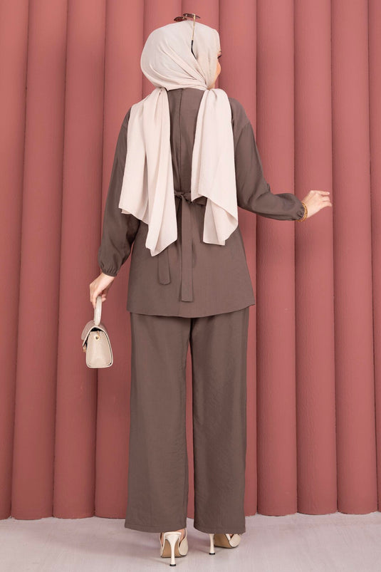 Belde Brooch Detailed Adjustable Pants Two-Piece Set Brown