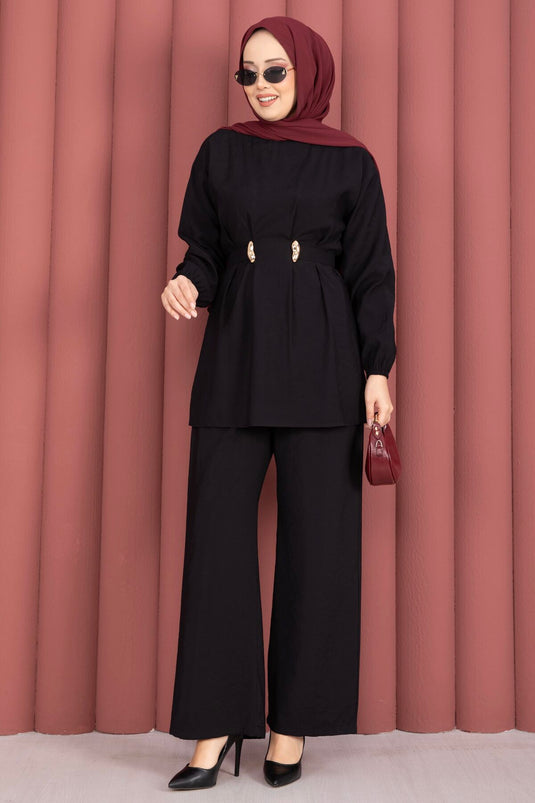 Ensemble deux pièces avec pantalon ajustable et broche Belde, noir