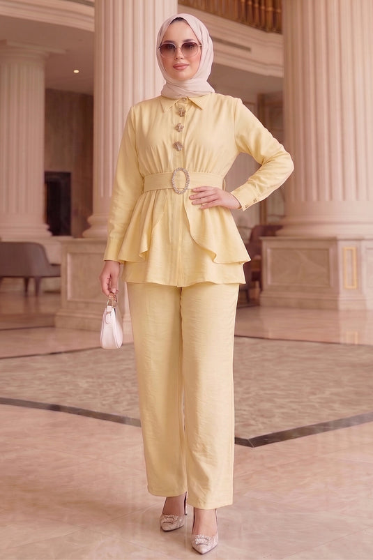 Belden Allerlli Gold Broşlu Pantolonlu İkili Takım Sarı