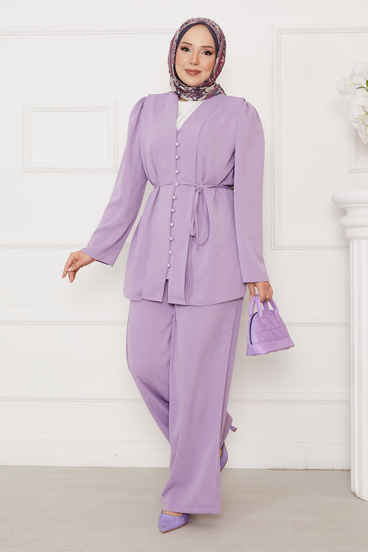Belden Bağcıklı Brit Düğmeli Tesettür Takım Lila