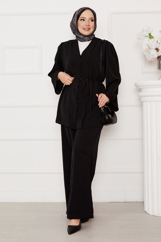 Belden Bağcıklı Brit Düğmeli Tesettür Takım Siyah