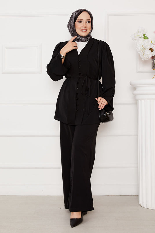 Belden Bağcıklı Brit Düğmeli Tesettür Takım Siyah