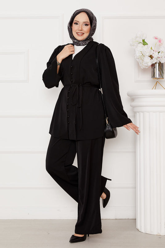 Belden Bağcıklı Brit Düğmeli Tesettür Takım Siyah