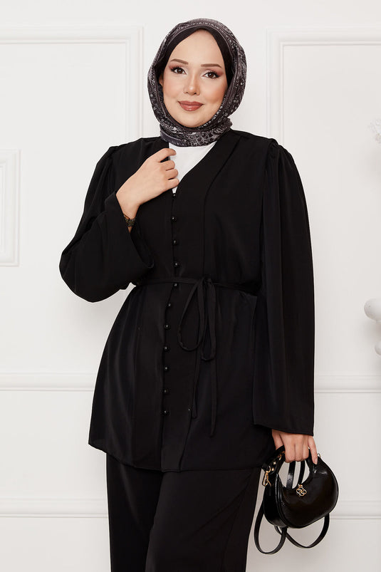 Belden Bağcıklı Brit Düğmeli Tesettür Takım Siyah
