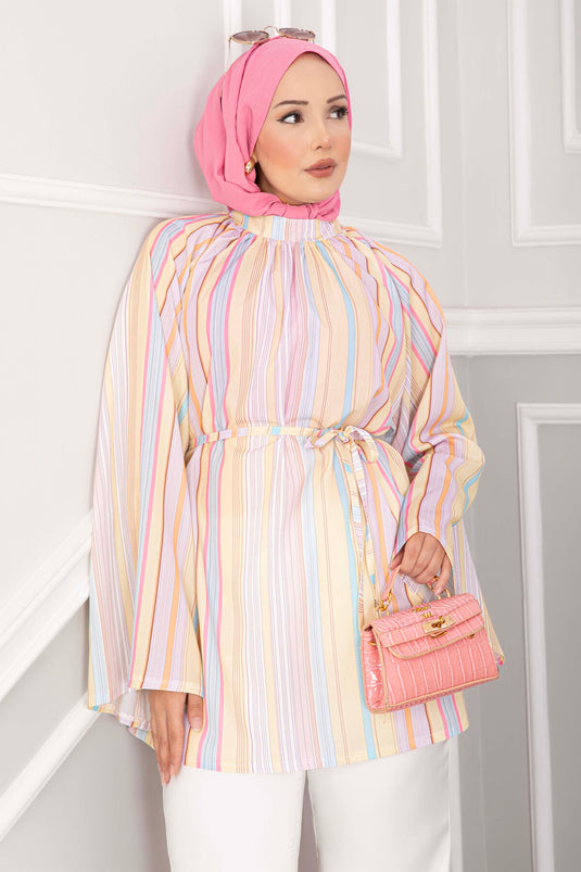 Belden Bağcıklı Güncel Desen Etek Ve Pantolon Üstü Tunik Sarı