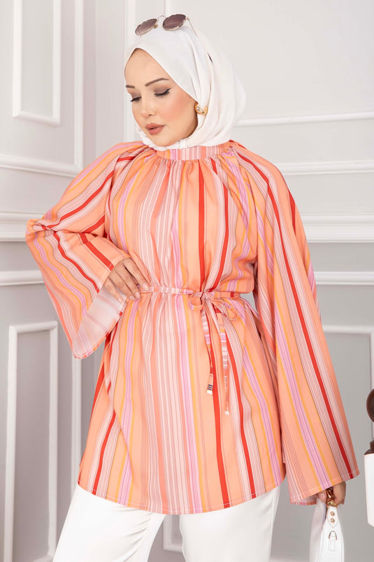 Belden Bağcıklı Güncel Desen Etek Ve Pantolon Üstü Tunik Somon