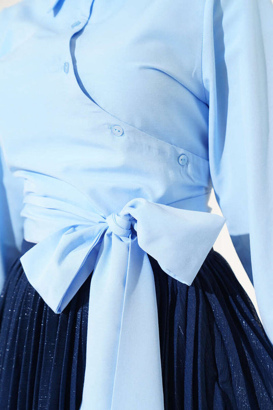 Belden Bağlama Detaylı Kısa Gömlek Bebe Mavi