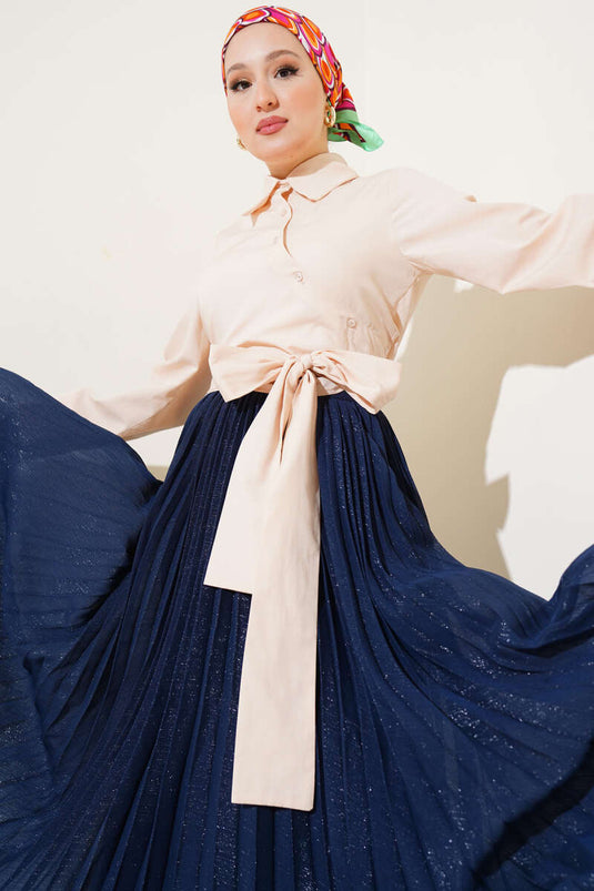 Belden Bağlama Detaylı Kısa Gömlek Bej