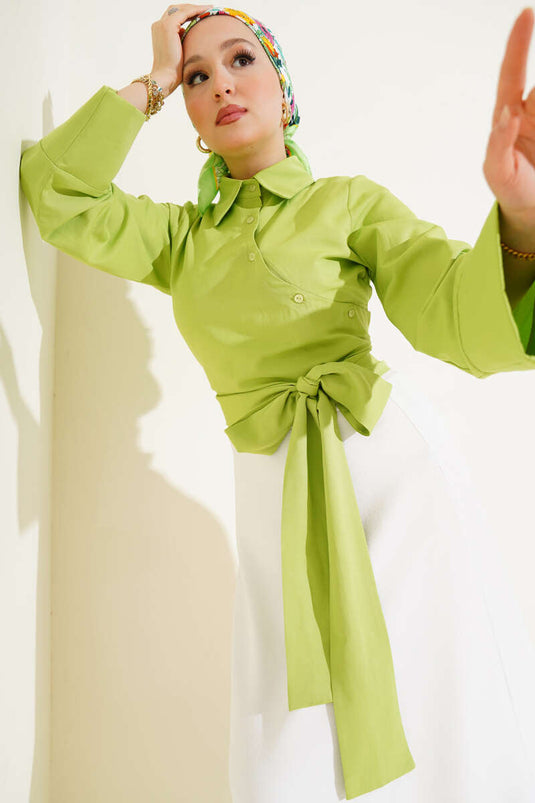 Belden Bağlama Detaylı Kısa Gömlek Fıstık Yeşili