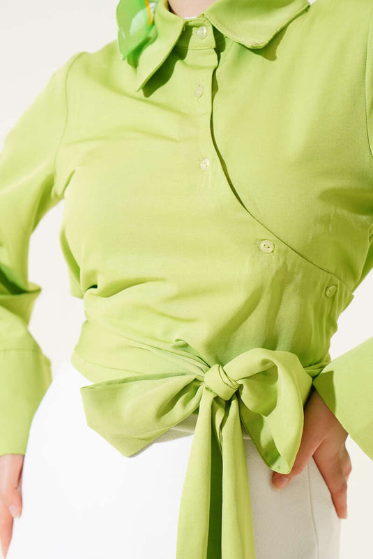 Belden Bağlama Detaylı Kısa Gömlek Fıstık Yeşili