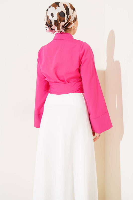 Belden Bağlama Detaylı Kısa Gömlek Fuşya