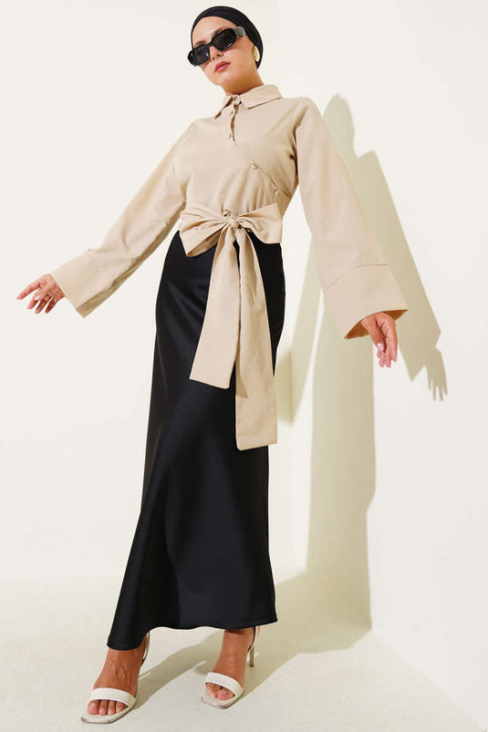 Belden Bağlama Detaylı Kısa Gömlek Kum Bej