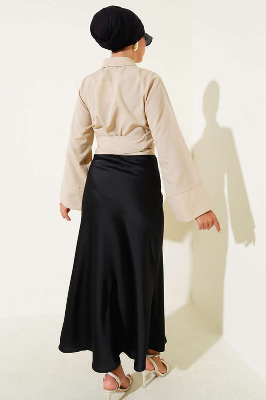 Belden Bağlama Detaylı Kısa Gömlek Kum Bej