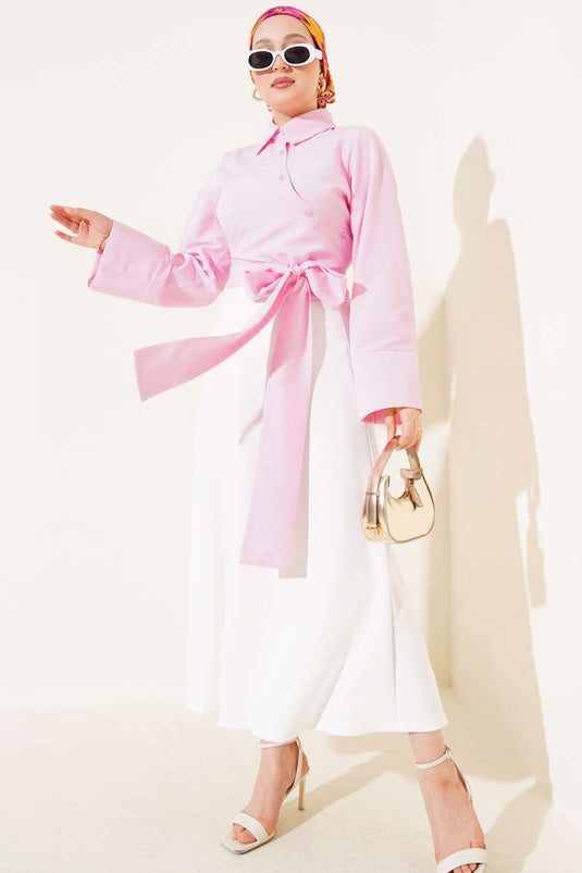 Belden Bağlama Detaylı Kısa Gömlek Pembe