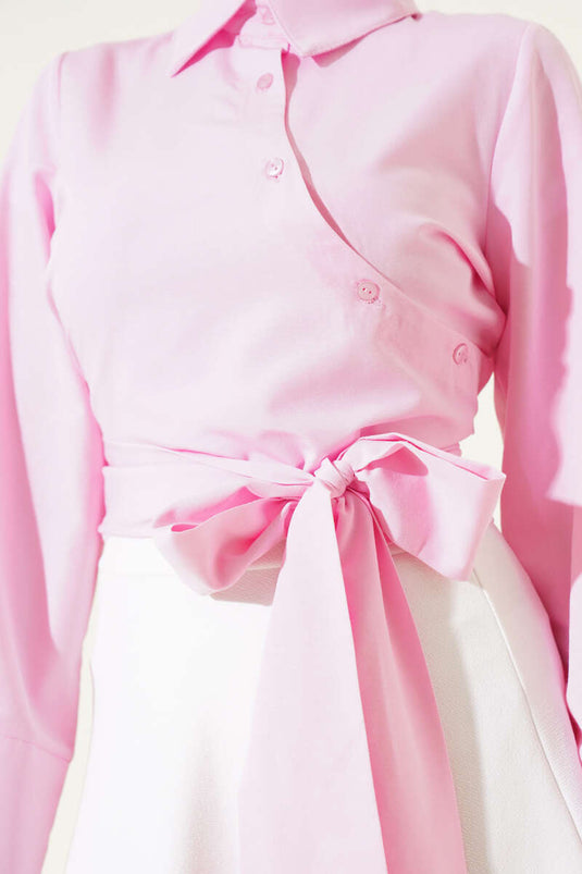 Belden Bağlama Detaylı Kısa Gömlek Pembe