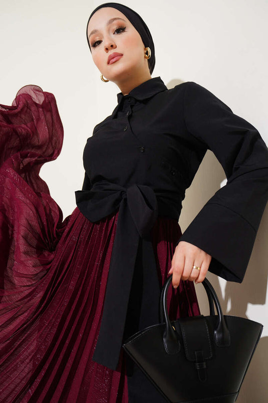 Belden Bağlama Detaylı Kısa Gömlek Siyah