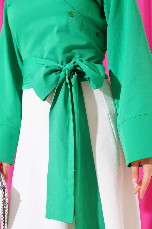 Belden Bağlama Detaylı Kısa Gömlek Yeşil