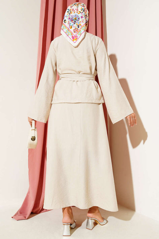 Belden Bağlamalı Etekli İkili Takım Bej