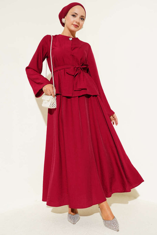 Belden Bağlamalı Etekli İkili Takım Bordo