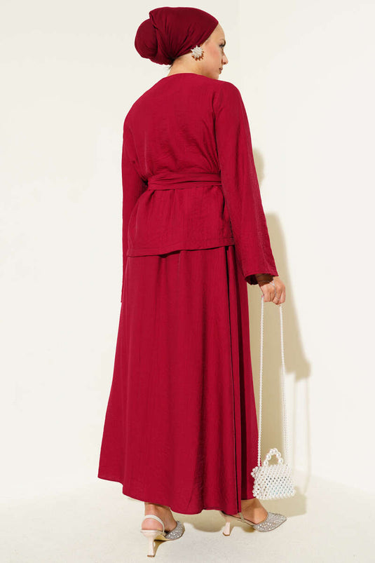 Belden Bağlamalı Etekli İkili Takım Bordo