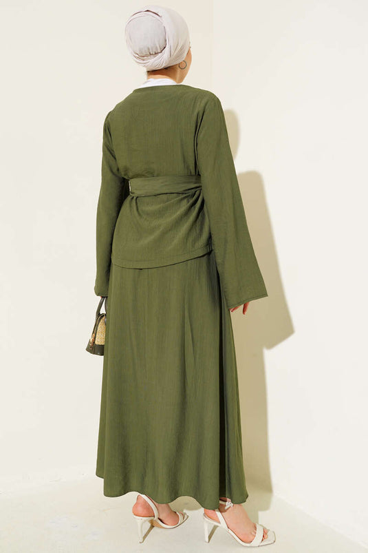 Belden Bağlamalı Etekli İkili Takım Haki