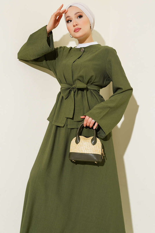 Belden Bağlamalı Etekli İkili Takım Haki