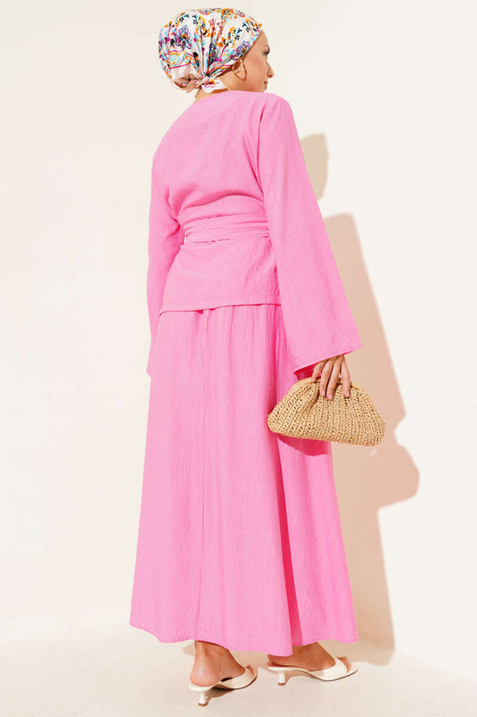 Belden Bağlamalı Etekli İkili Takım Pembe