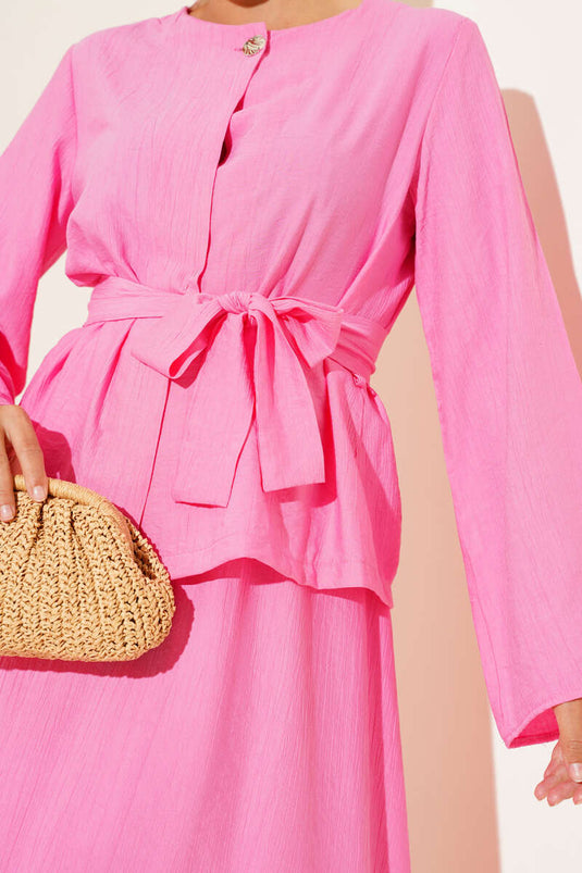 Belden Bağlamalı Etekli İkili Takım Pembe