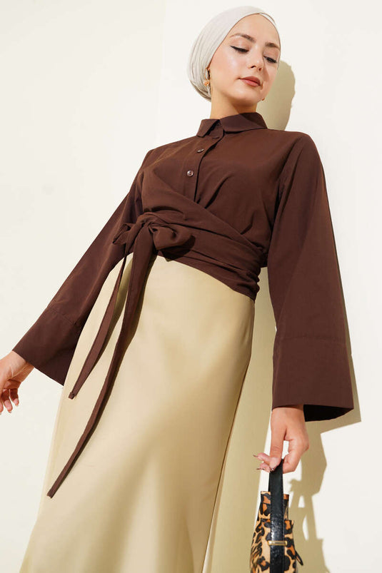 Belden Bağlamalı Kısa Gömlek Kahve