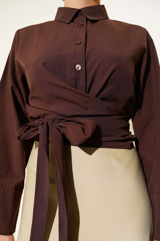 Belden Bağlamalı Kısa Gömlek Kahve