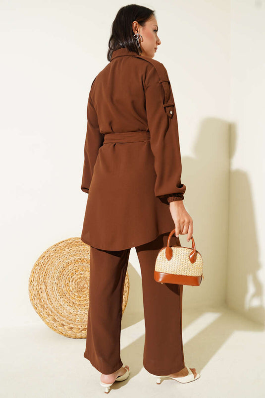 Belden Bağlamalı Omuz Düğmeli İkili Takım Kahve