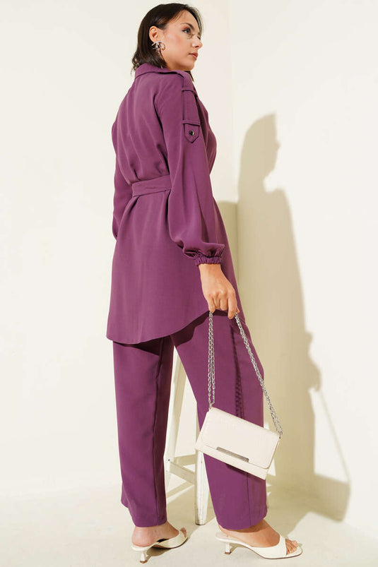 Belden Bağlamalı Omuz Düğmeli İkili Takım Magenta