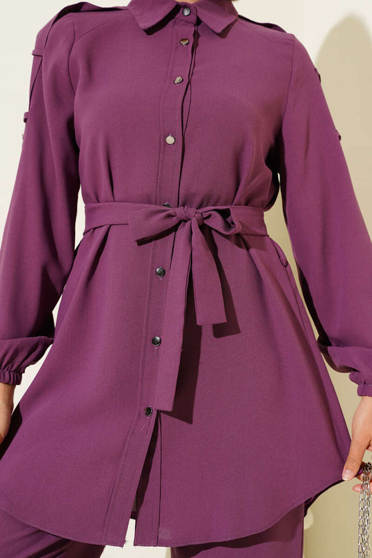 Belden Bağlamalı Omuz Düğmeli İkili Takım Magenta