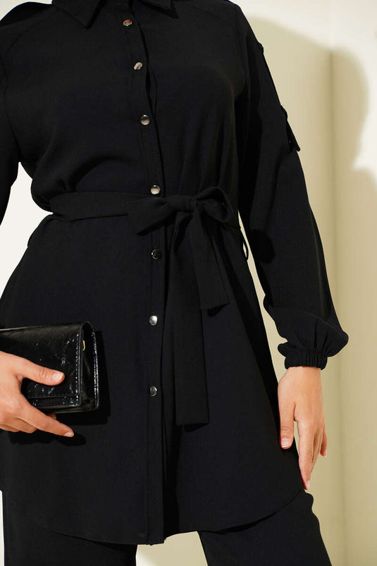 Belden Bağlamalı Omuz Düğmeli İkili Takım Siyah