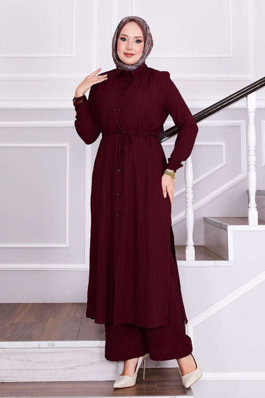 بدلة حجاب ببنطلون مربوط عند الخصر باللون الأحمر الداكن