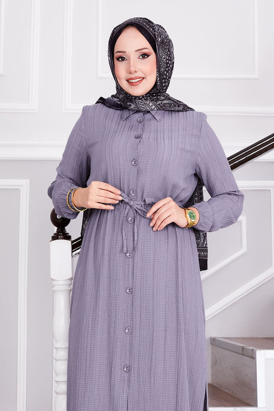 بدلة حجاب رمادية مع بنطلون مربوط عند الخصر