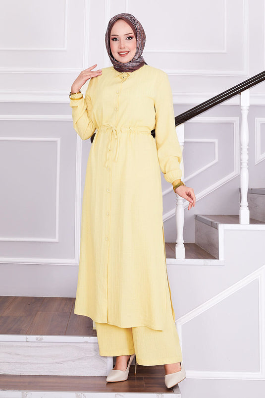 Yellow Hijab Suit with Tied Waist Trousers