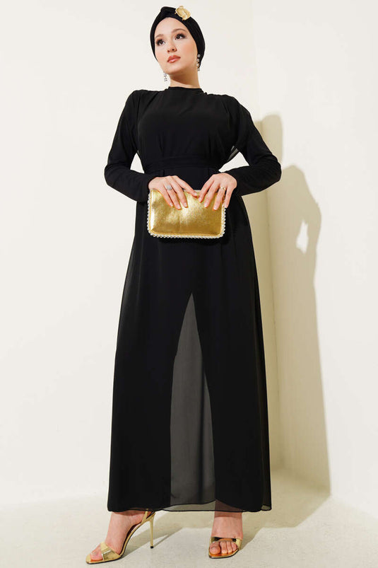 جمبسوت شيفون بخصر مربوط أسود