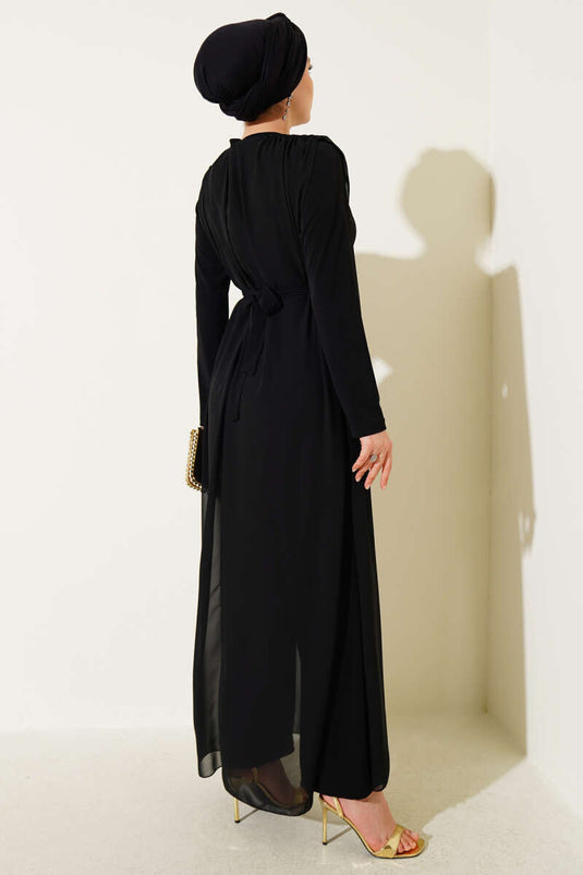 جمبسوت شيفون بخصر مربوط أسود