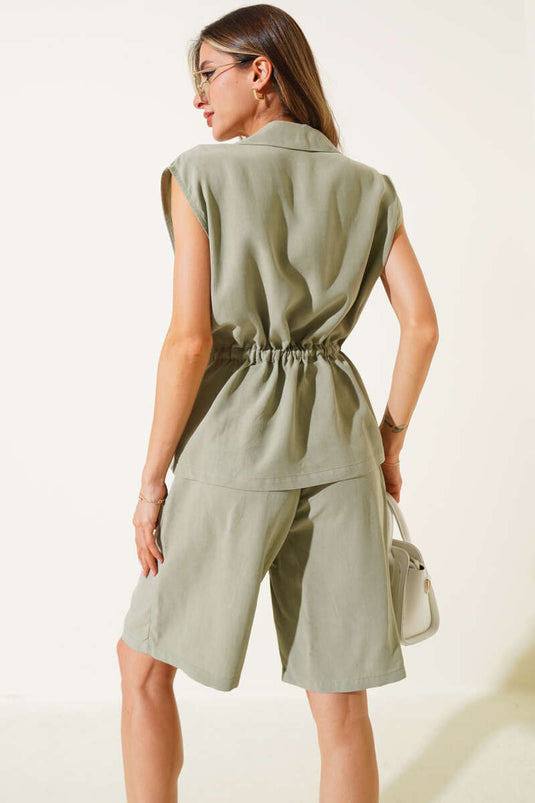 Zweiteiliges Set mit Kordelzug in der Taille und Weste, Khaki