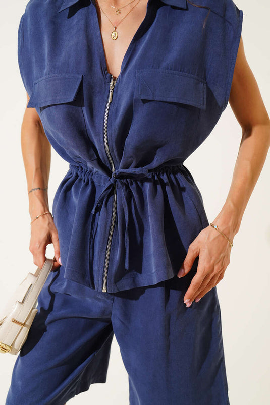 Belden Büzgülü Yelekli İkili Takım Lacivert