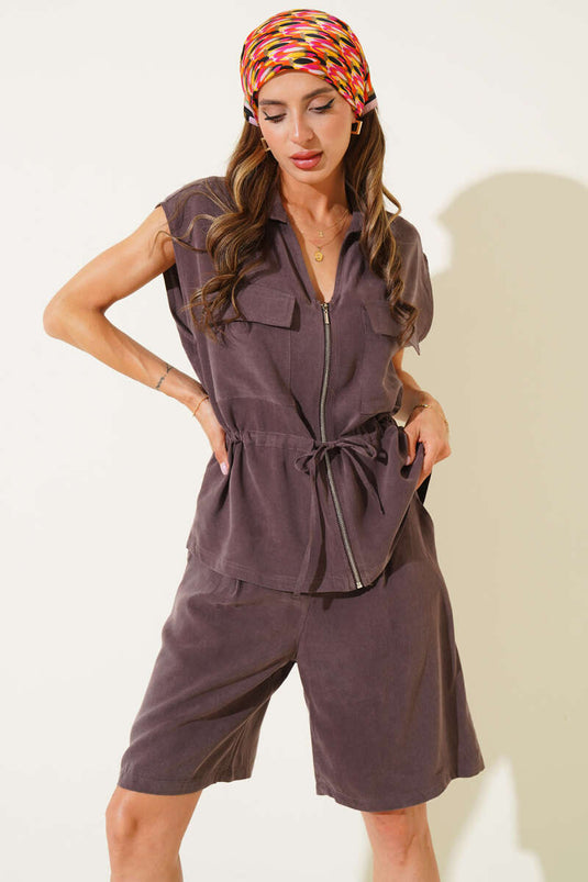 Belden Büzgülü Yelekli İkili Takım Vizon